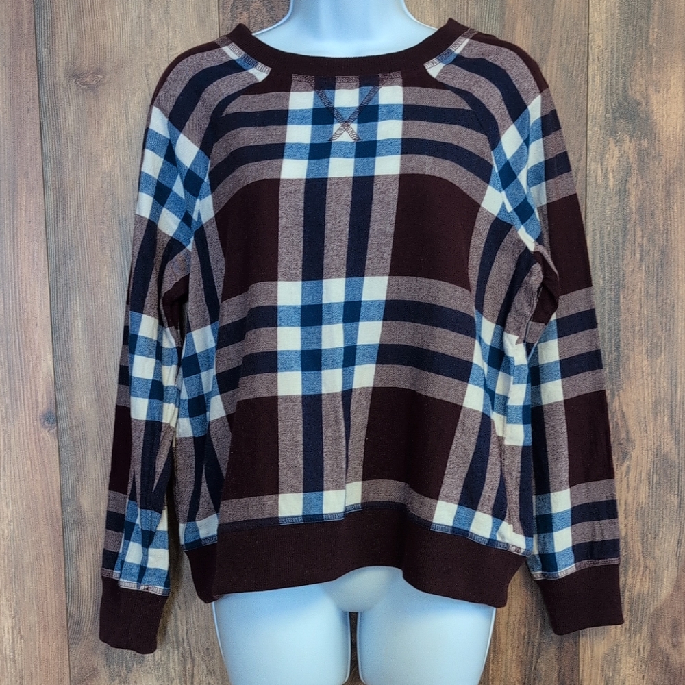 Aerie Plaid Crew Neck !00% Cotton Long Sleeve Top M           R229